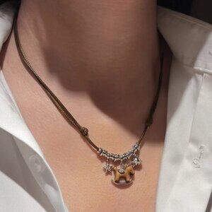 Retro Brown Cord Horse Pendant Necklace - Silver Star & Bell Charms